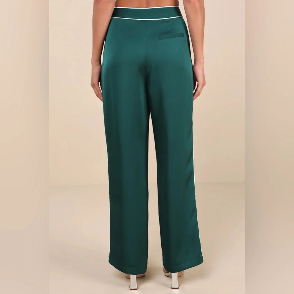 Emerald Satin Wide-Leg High-Rise Pants - Picture 3 of 5